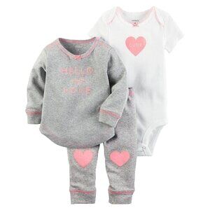 New Carters Girls 3 pc outfit Pink Grey 1 tee 1 Jersey top 1 pants size 12mon